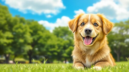A cute puppy, a happy and adorable young canine, sits in the grass