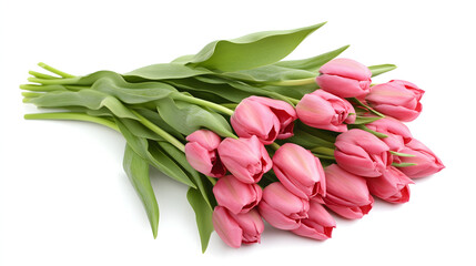 Fresh beauty bouquet of pink tulips isolated on a white background. Spring and holiday concept. Spring greeting card happy mother day. Flat lay, copy space. AI generation
