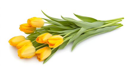 Fresh beauty bouquet of yellow tulips isolated on a white background. Spring and holiday concept. Spring greeting card happy mother day. Flat lay, copy space. AI generation

