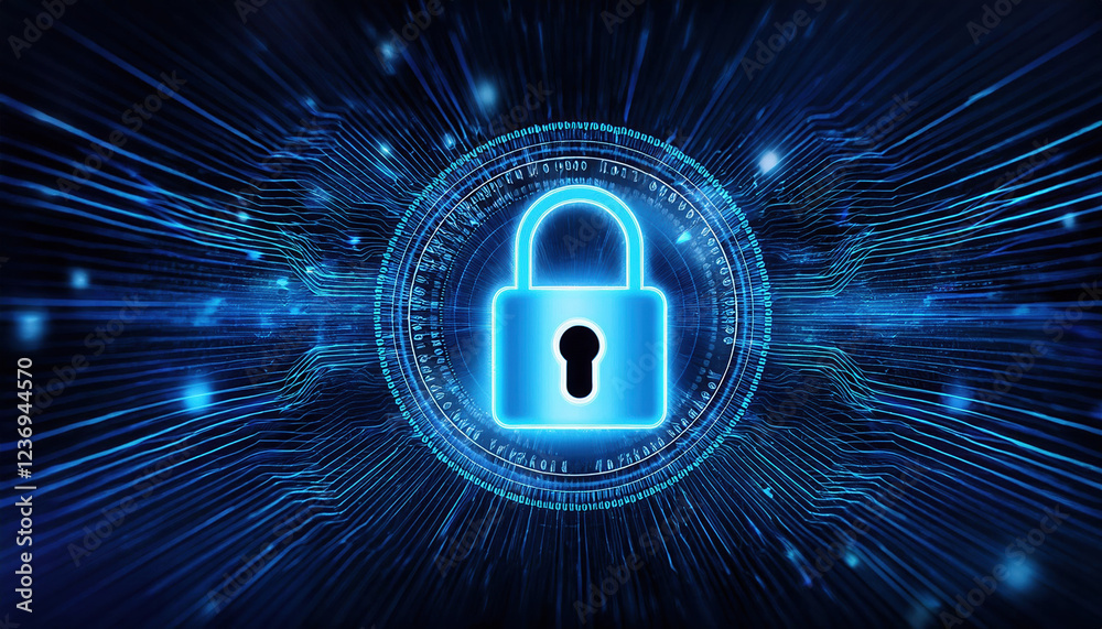 Poster digital lock symbol glowing in neon blue, surrounded by binary code and sleek lines