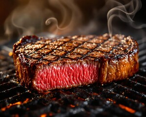 Delicious grilled steak sizzling over hot barbecue flames