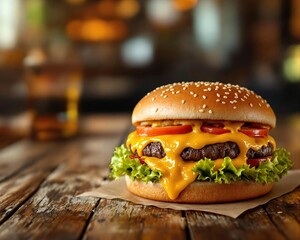 Grilled beef cheeseburger with lettuce and tomato on a wooden table