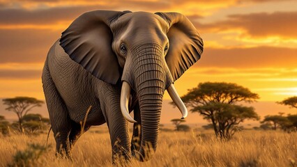 A large African elephant, with prominent tusks, grazes on the savanna at sunset