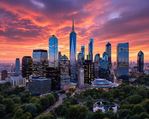 The city skyline glows at sunset, with skyscrapers piercing the vibrant sky