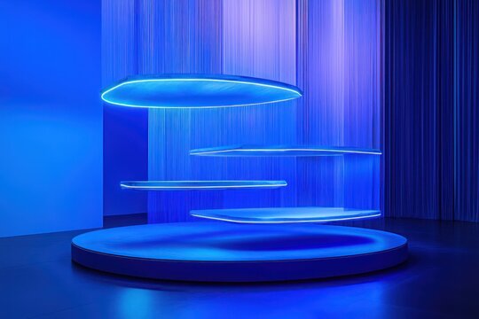 Fabric patch showcased on an oval neon blue stage with glowing tiers in a sleek, modern setup.