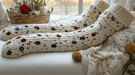Fototapeta premium Cozy floral socks on a bed by window, autumn scene, home comfort, stock photo