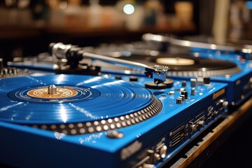 Obraz premium Dj equipment in action at a vibrant nightclub music event urban setting close-up view creative atmosphere