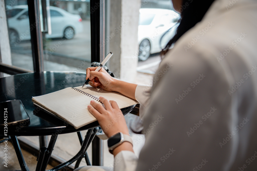 Poster Businesswoman taking notes in notebook while working remotely at cafe table