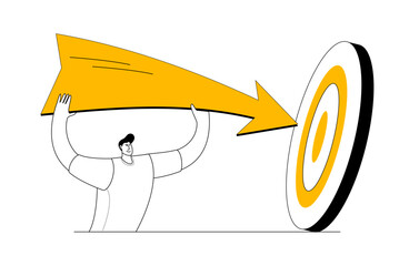 Man holding an arrow pointing to the center of the target. Vector illustration concept on the theme of working to achieve the result and hitting the target exactly.