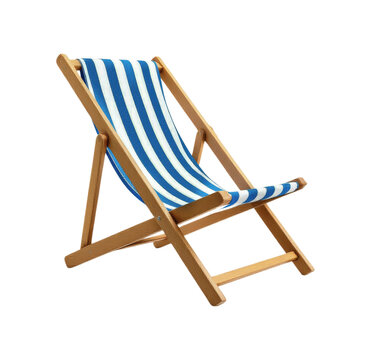 Wooden Deck Chair with Blue and White Striped Fabric, Isolated on Transparent and White Background