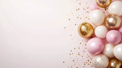 a bunch of balloons on the right side with pink, gold, and white colors against a solid background. Web banner with copy space in the left corner.