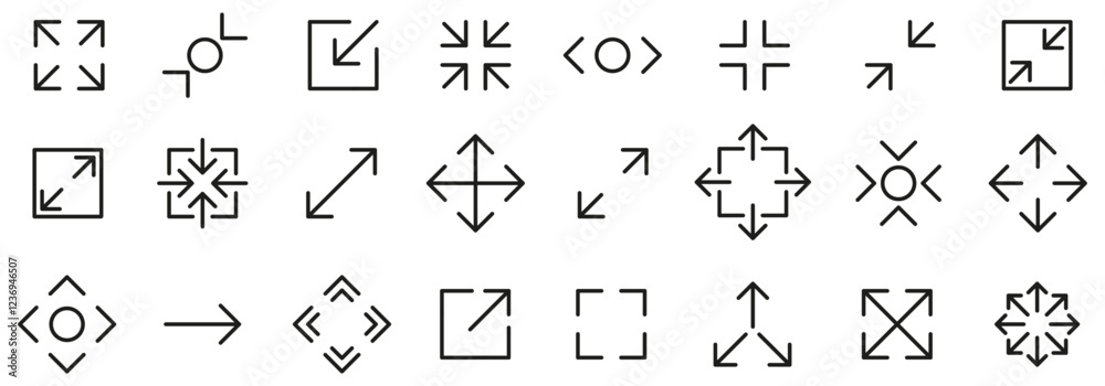 Wall mural full screen and exit full screen set icons, maximize and minimize line arrows sign, scalability, res
