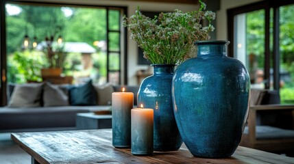 Obraz premium Teal vases, candles on rustic table, living room view