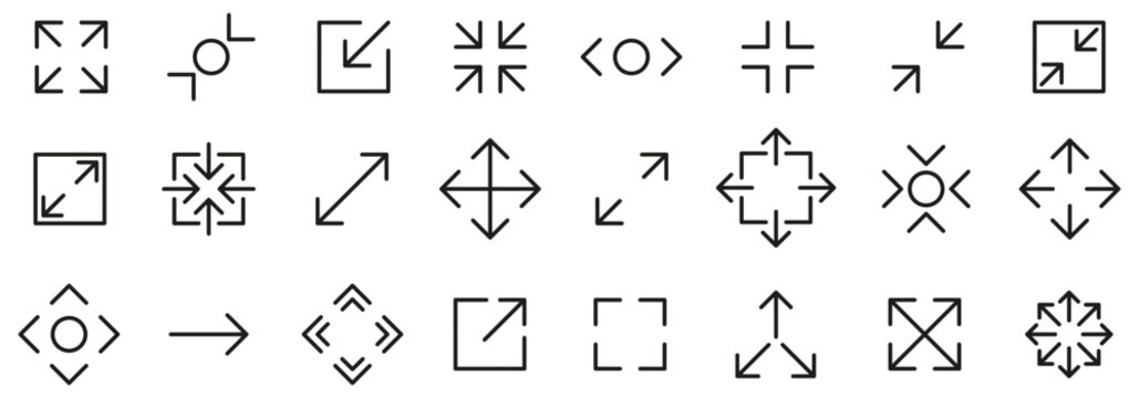 Full screen and exit full screen set icons, maximize and minimize line arrows sign, scalability, resizing in line style