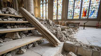 Interior of gothic cathedral with debris from collapsed stairs, stained glass windows visible, evoking sense of loss and history