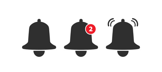 Notification bell icon set. Vector ringing bell icon and notification sign for alarm clock and smartphone application alert or new message. For your web site design, logo, app, UI vector eps 10