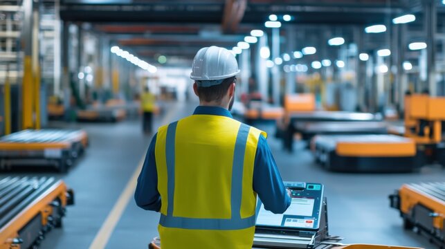 An automation engineer programming AGVs (Automated Guided Vehicles) for material handling in a manufacturing facility, with AGVs and production lines visible, AGV material handling automation scene
