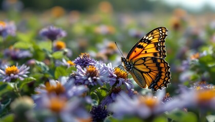 Obraz premium Orange Butterfly on Purple Flowers in Meadow