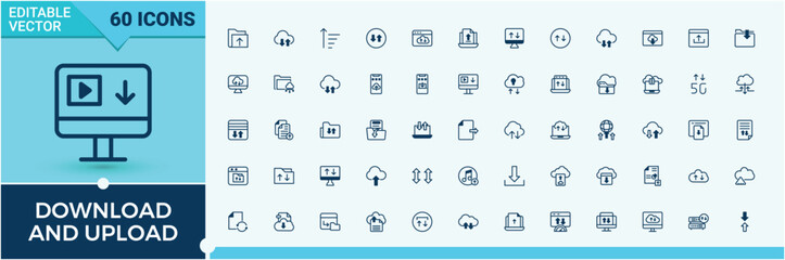 Download And Upload lined icons set. Related to service, up, draw, badge, upload, downloading and more. Minimal icons. Editable vector outline and solid icons.