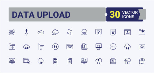 Set of Data Upload line icons. Contains such icons as communication, interface, business, server, template, badge and more. Outline symbol collection. Solid line editable vector illustration.