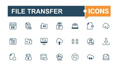 File Transfer icons set. Includes thin line file, element, cloud, communication, upload, internet, site and more. Symbol. Solid line editable stroke. Vector line and solid icons.