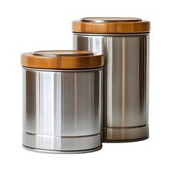 Stainless Steel Kitchen Canisters with Bamboo Lids Isolated on Transparent Background