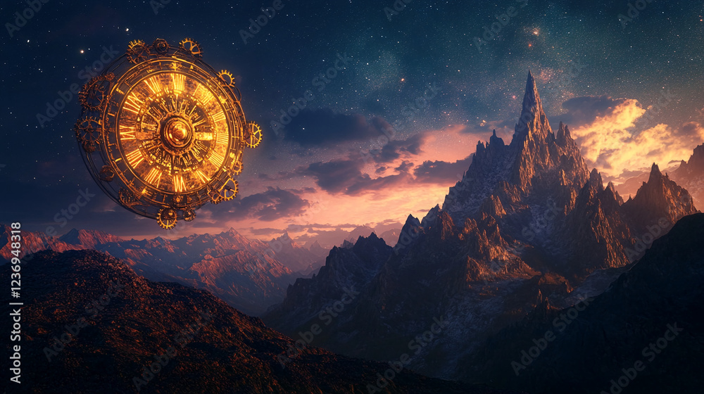 Aufkleber a floating golden mechanism in the sky above a vast mountain range, showcasing futuristic technology
