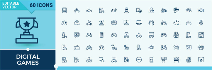 Digital Games linear icon collection. Contains such icons as package, patch, eyelash, golden, cosmetic, cream, care, woman. Outline icon. Editable vector outline and solid icons.