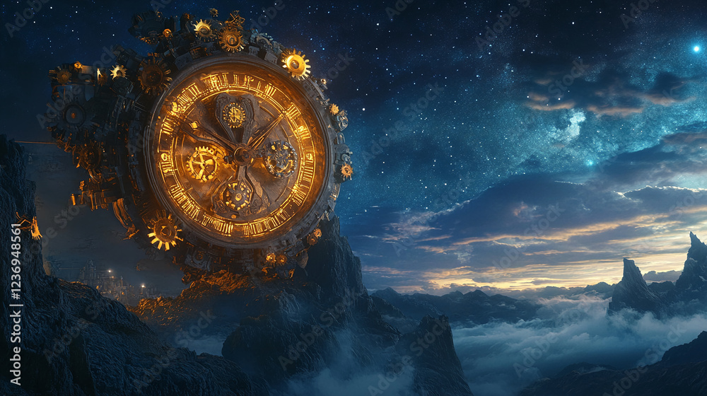 Poster a floating golden clock mechanism above a rugged mountainous landscape under a starry sky, symbolizi