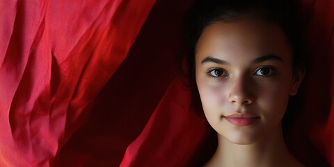 Young woman, red fabric, dramatic lighting, indoor setting, beauty portrait.
