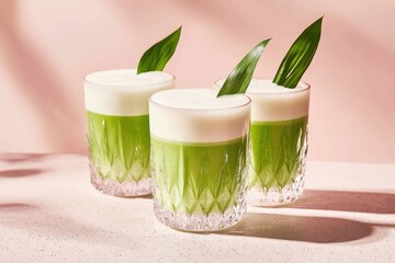 Trendy pandan coconut milk tea in faceted glasses on terrazzo surface with blush backdrop for a fresh and youthful appeal