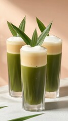 Trendy pandan coconut milk tea in faceted glasses on terrazzo surface with blush backdrop for a fresh and youthful appeal