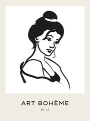 Woman portrait, line art female, minimalist boho poster, elegant woman drawing, modern wall decor, black and white art print
