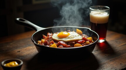 Sizzling tiroler grstl in a cast iron pan with an egg and dark beer