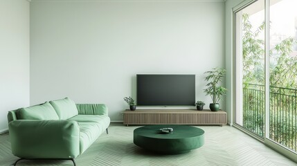 A modern apartment living room featuring a mint green sofa and armchair against stark white walls