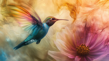 Hummingbird with Radiant Wings Near a Blooming Flower
