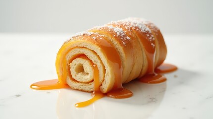 Delicious guava duff dessert drizzled with sweet sauce on a clean surface