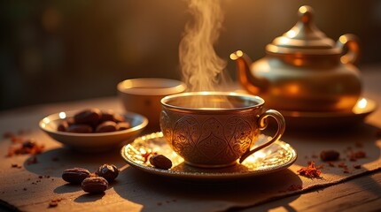 Traditional Bahraini gahwa served in a golden dallah with steaming coffee