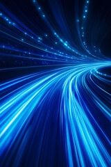 Obraz premium A bright and energetic blue light trail, symbolizing futuristic technology, fast movement, and digital energy, with glowing blue particles floating along the light stream.