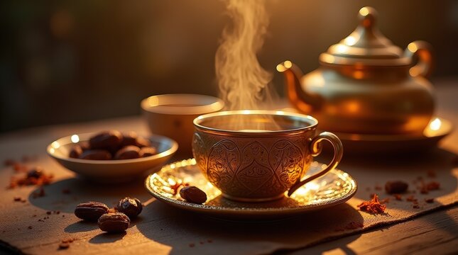 Traditional Bahraini gahwa served in a golden dallah with steaming coffee