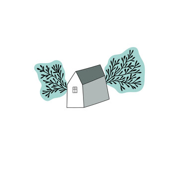 Minimalistic vector illustration of a house with wings made of twigs and leaves.