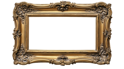 Vintage Gold Ornate Frame Mockup Royal Photo Border, Antique Art Decor Design, isolated on transparent background.
