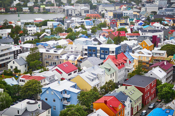 Aerial scenic view of Reykjavik, Iceland on a foggy and rainy summer day.