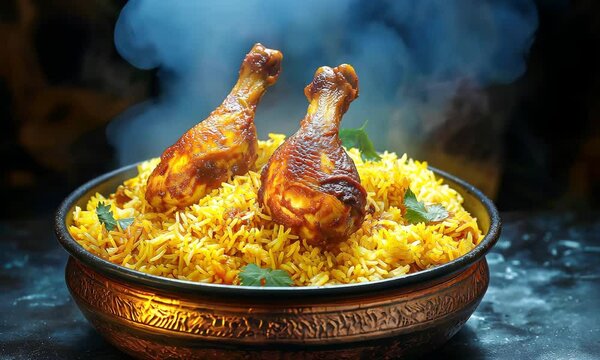traditional chicken dum biryani in a copper serving bowl