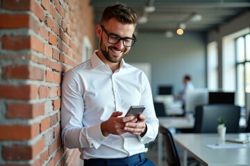 Man is leaning against brick wall using his cell phone