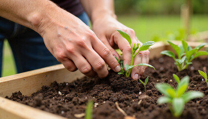 Hands planting seedlings in raised vegetable bed, connection with nature