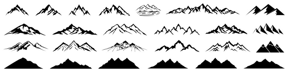Mountain ridge with many peaks set, mountain silhouette
