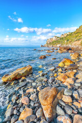Picturesque spring view on the the cape Milazzo panorama of nature reserve Piscina di Venere.