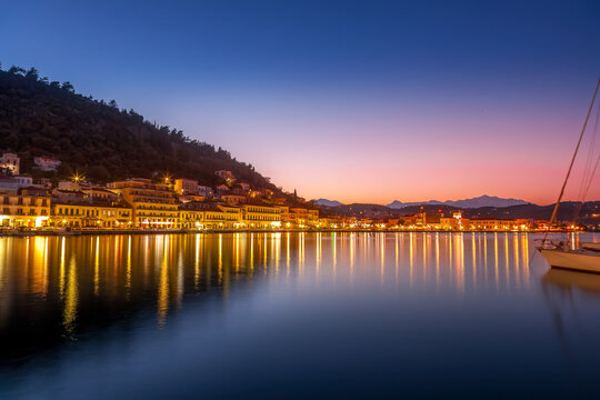 Late evening view of Gytheio town, right after sunset, in Lakonia region, southern Peloponnese, Greece.
