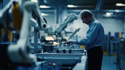 An automation engineer programming industrial robots for assembly line optimization in a manufacturing plant, with robotic arms and production machinery in operation